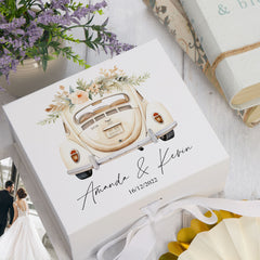 Personalised Wedding Box With Floral Car Design and Ribbon Closure