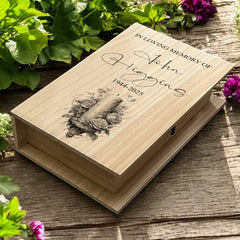 Personalised Memorial Sympathy Wooden Keepsake Memory Book Shape Box With Candle Image