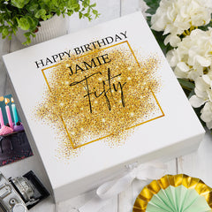 Personalised 50th Birthday Gift Keepsake Memory Box Gold Sparkles Design