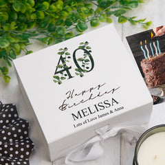 Personalised 40th Birthday Green Leaf Design Keepsake Memory Gift Box.