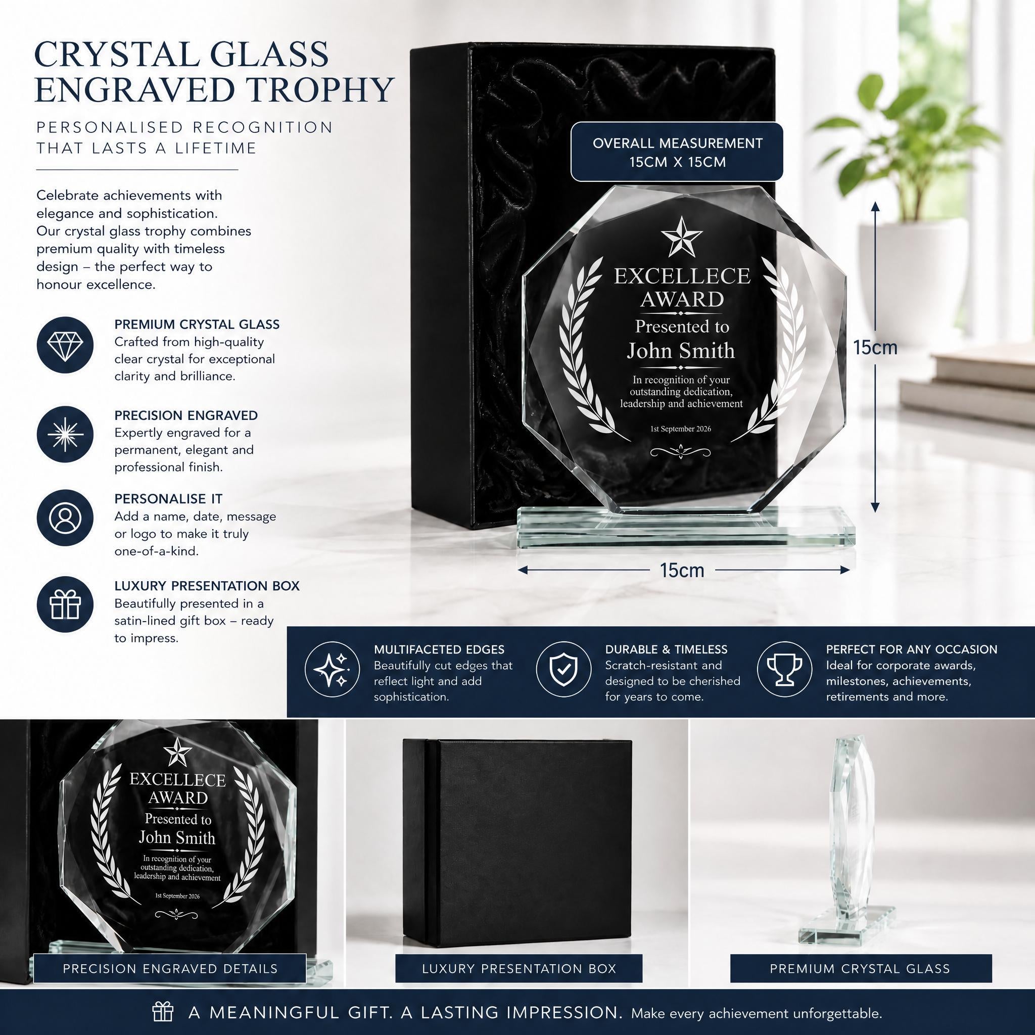 the crystal glass award is displayed on a table