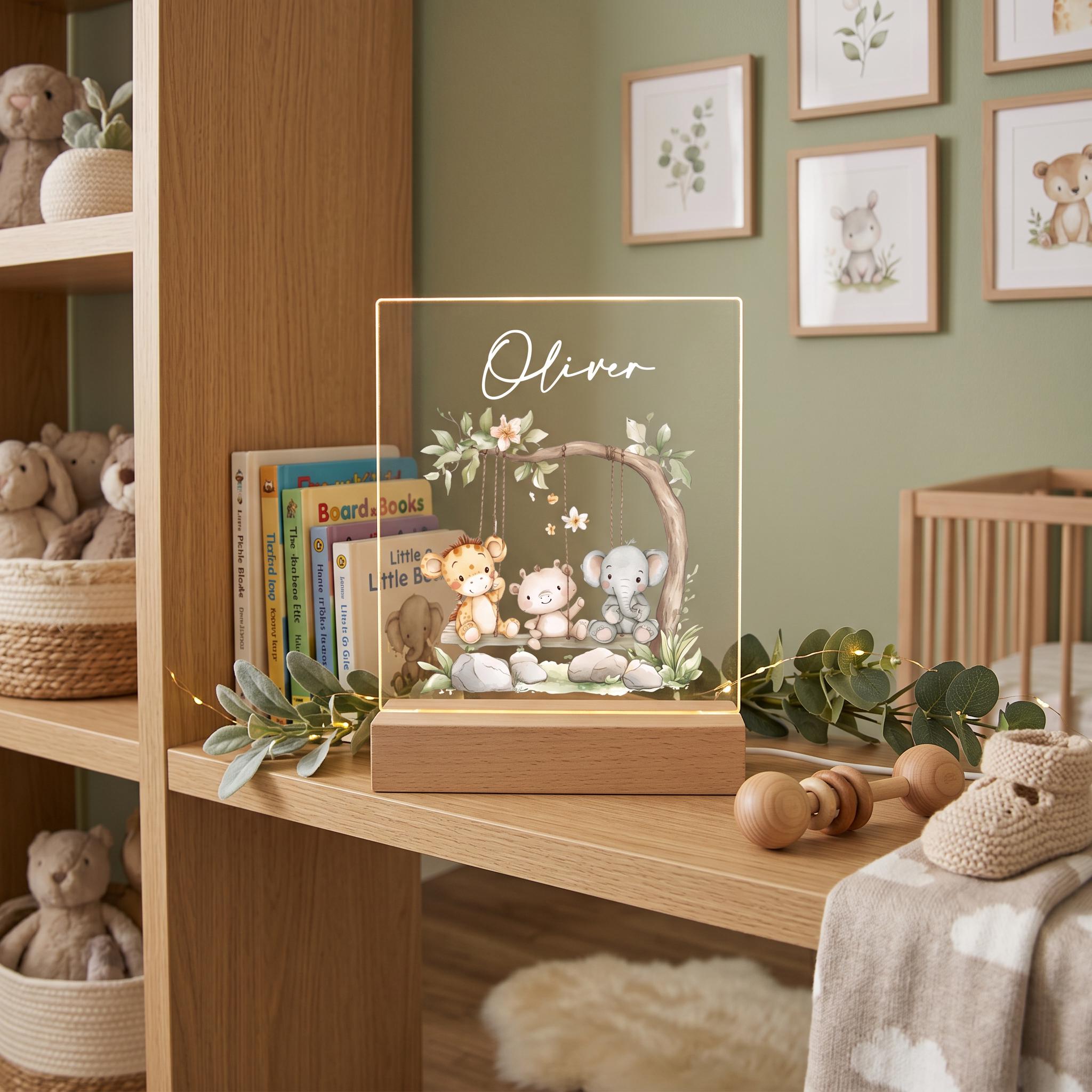 A wooden shelf in a nursery, displaying a wooden frame with a picture of a baby elephant, a wooden rocking toy, and a collection of children's books.