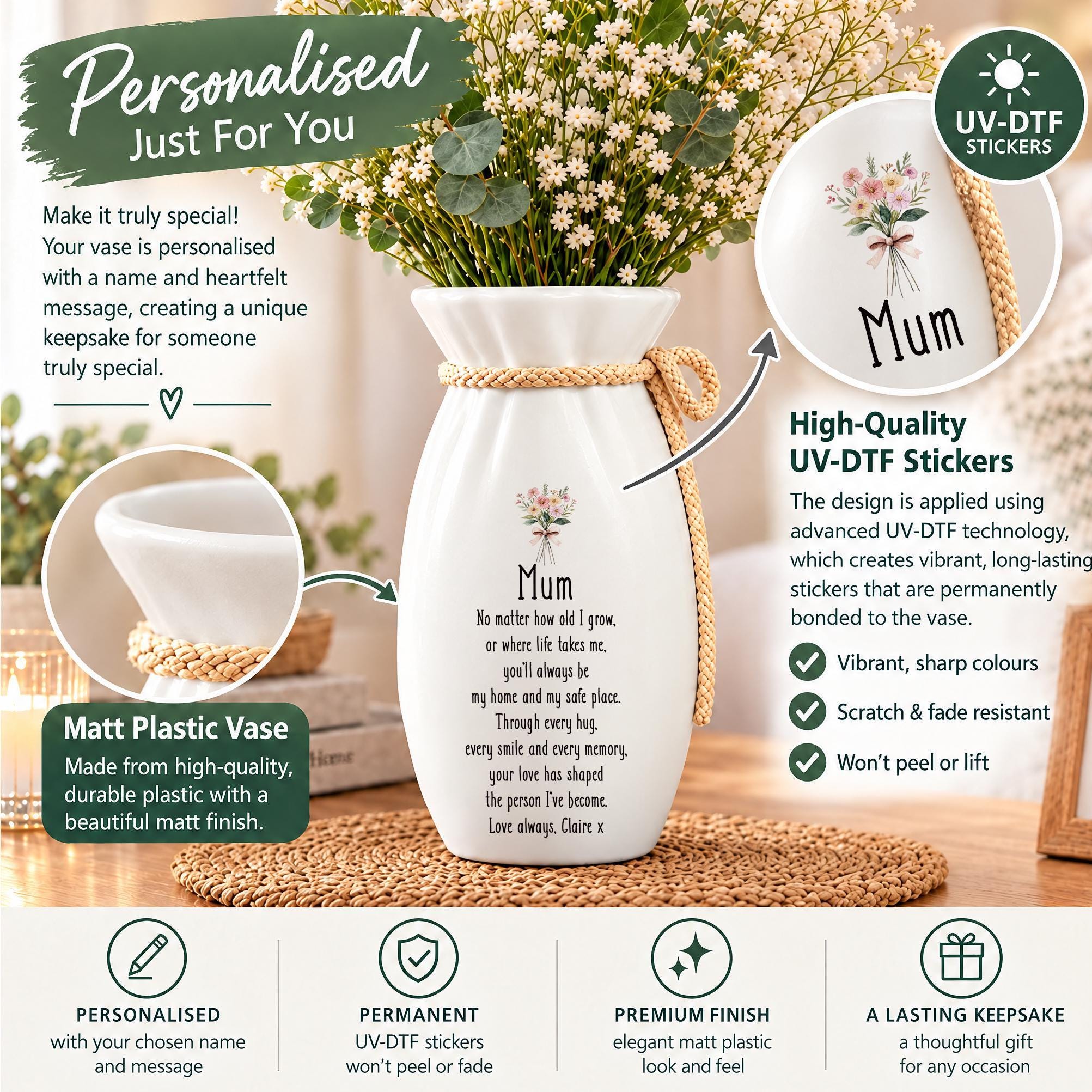 Personalised Flower Vase Gift For Mum, Custom Name, Twine Detail ukgiftstoreonline