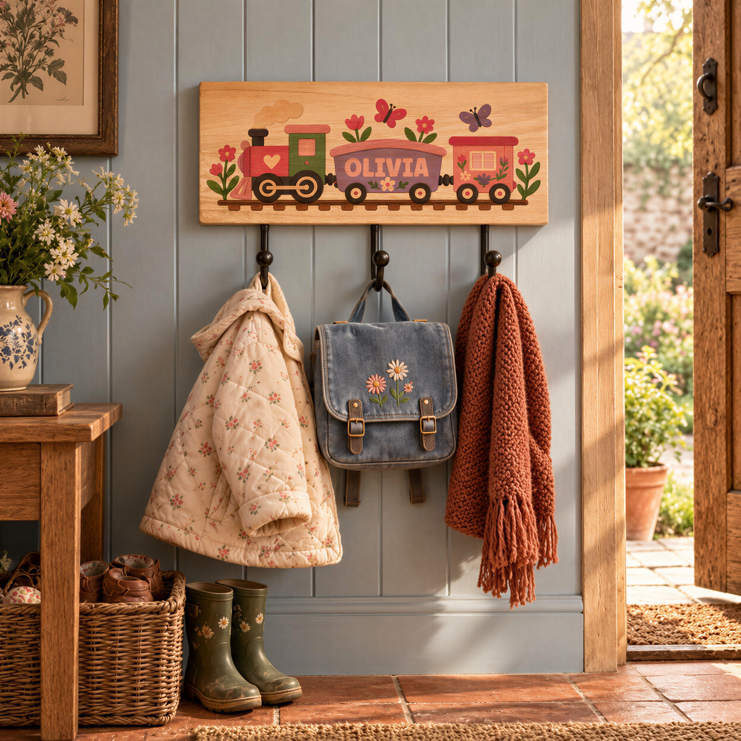 A wooden coat rack with a train-themed sign, a blue backpack, a red scarf, and a pair of green rain boots, all hanging on it.