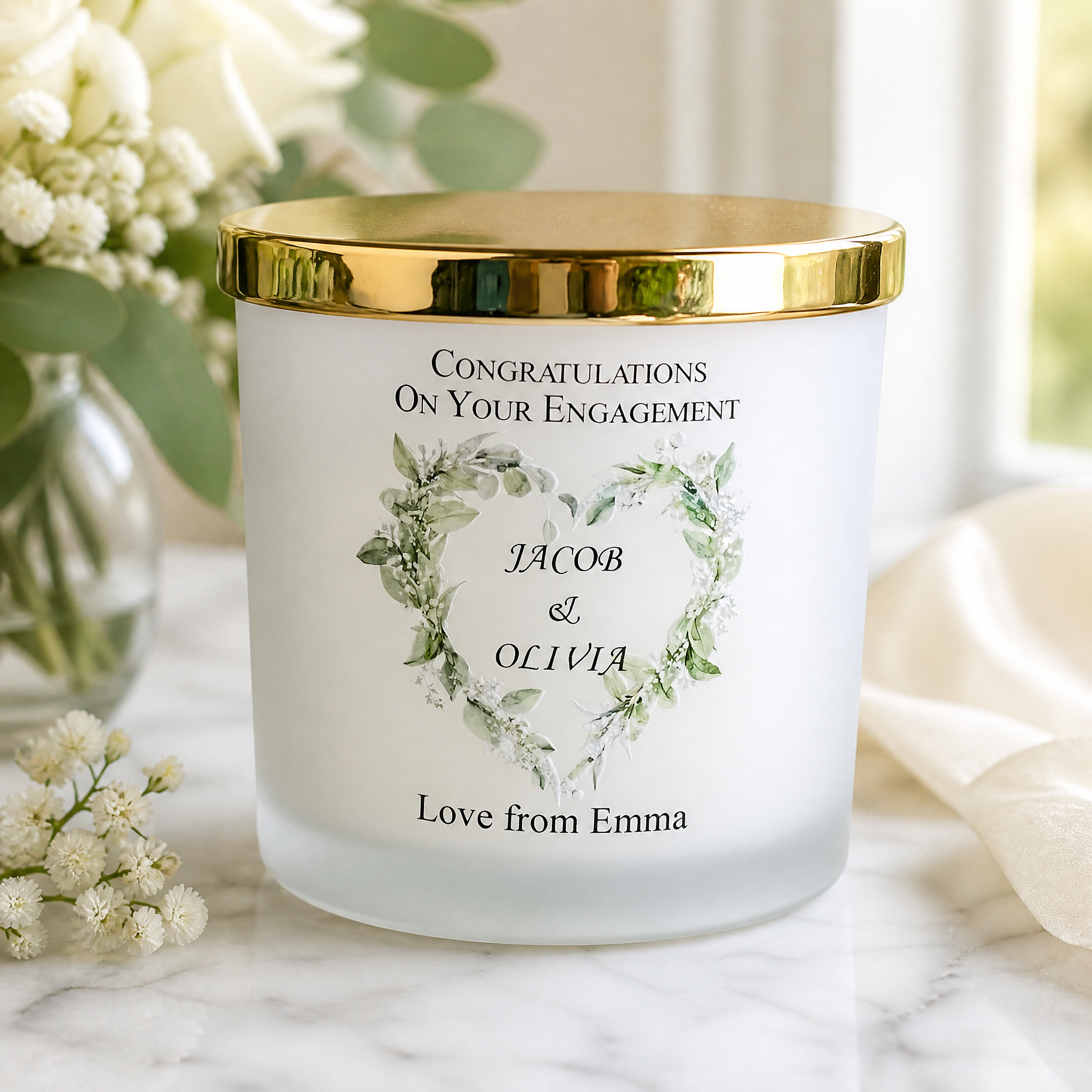 Personalised Large Double Wick Engagement Candle Gift With Floral Heart Wreath personalised Candle Lights ukgiftstoreonline