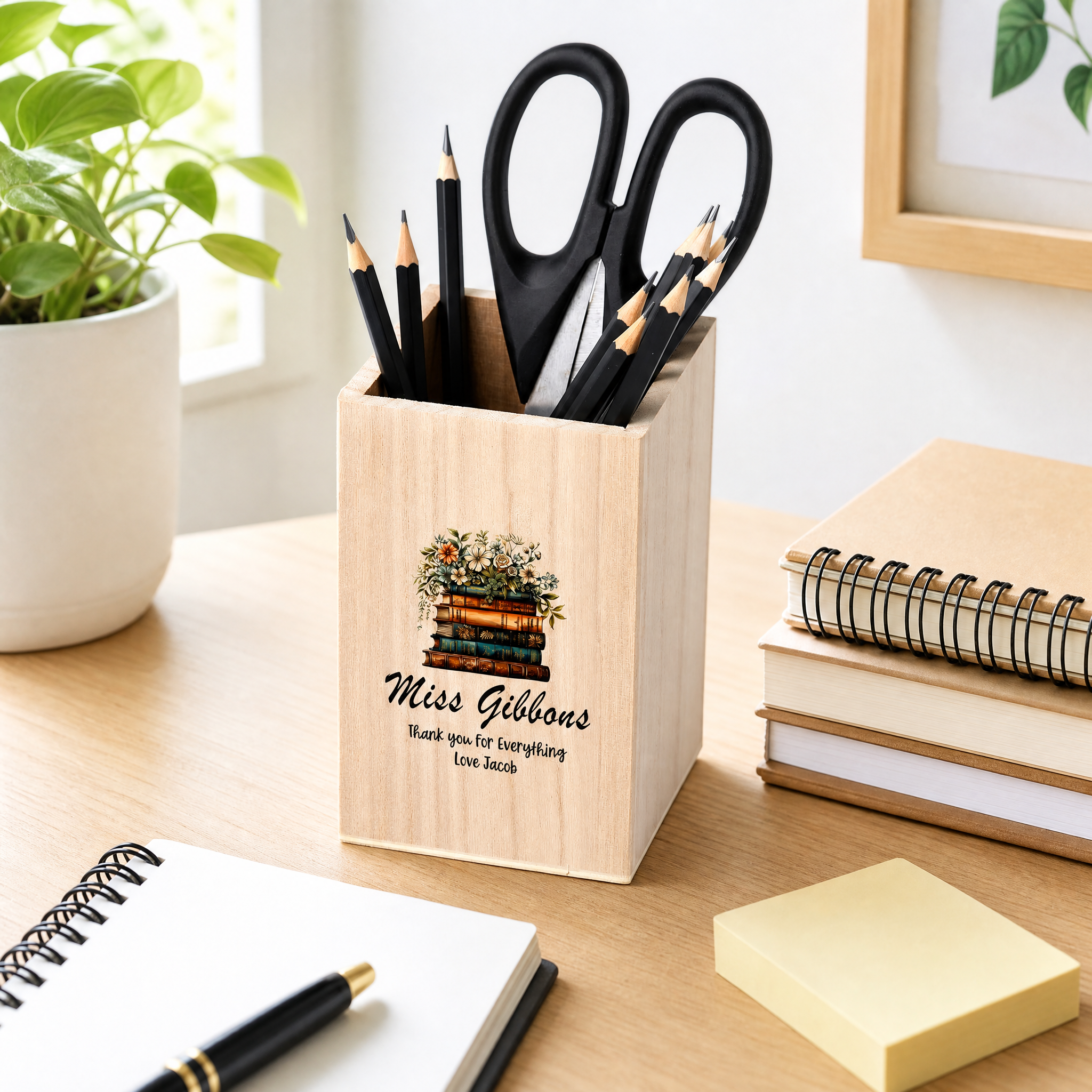 Teacher Pencil Holder Personalised Wooden Pen Pot Gift Floral Books Personalised Gifts ukgiftstoreonline