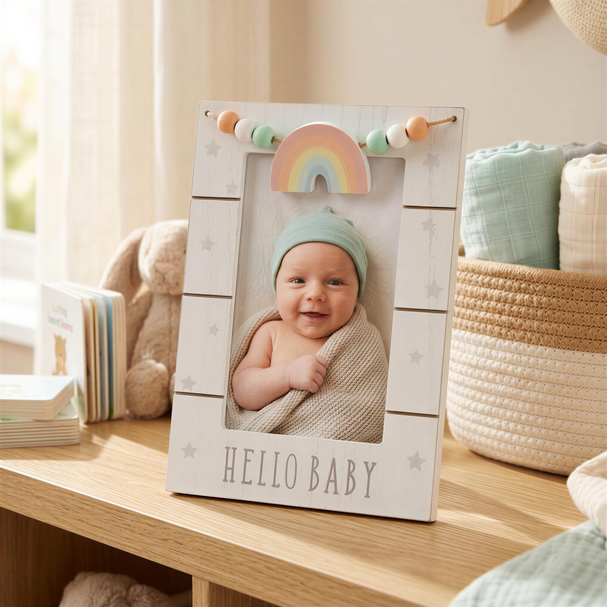 A baby is sitting in a white wooden frame with a rainbow-colored bead decoration, surrounded by baby-related items such as a stuffed animal and a basket.