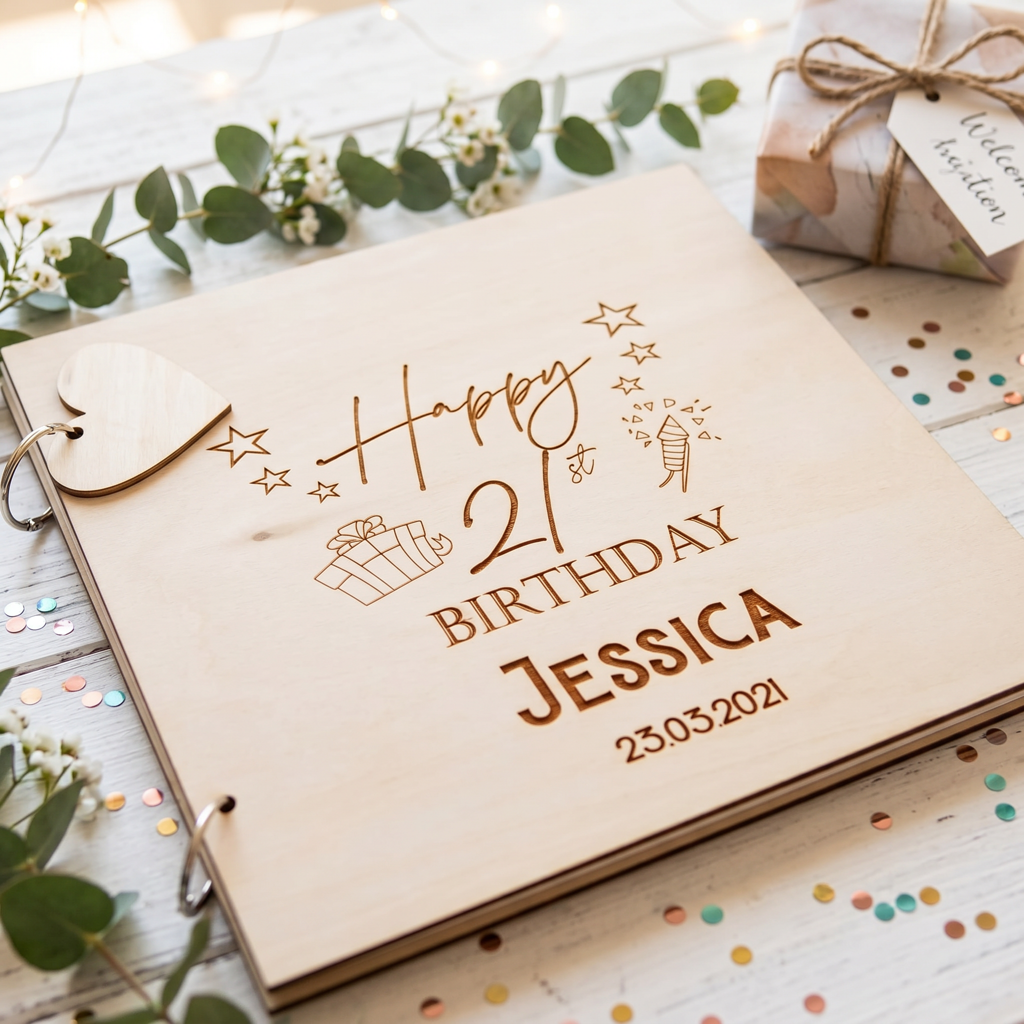 Personalised Birthday Guest Book - Custom Scrapbook Album With Wooden Cover Guest Book ukgiftstoreonline