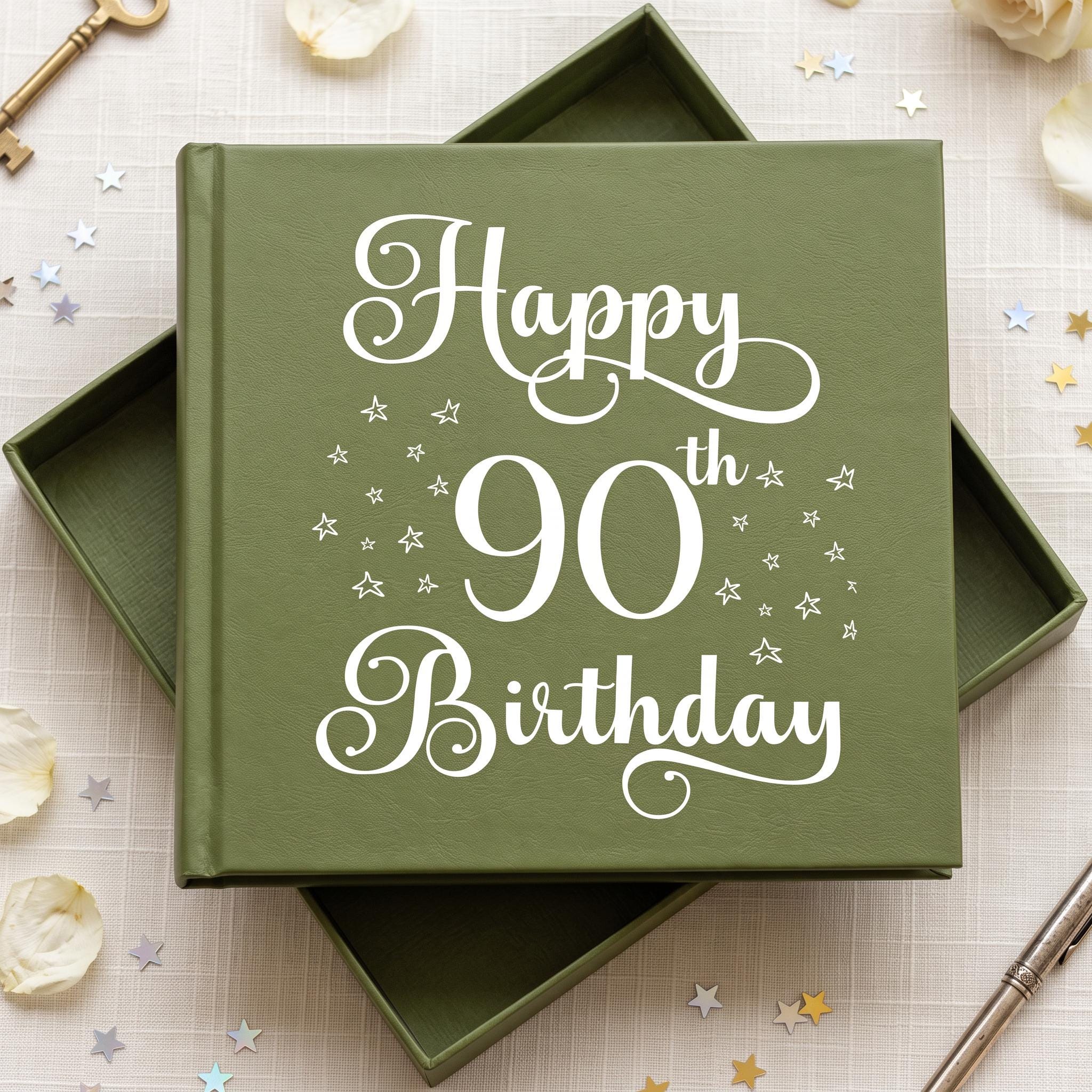 A green box with the text "Happy 90th Birthday" written on it, surrounded by scattered gold stars and a key.