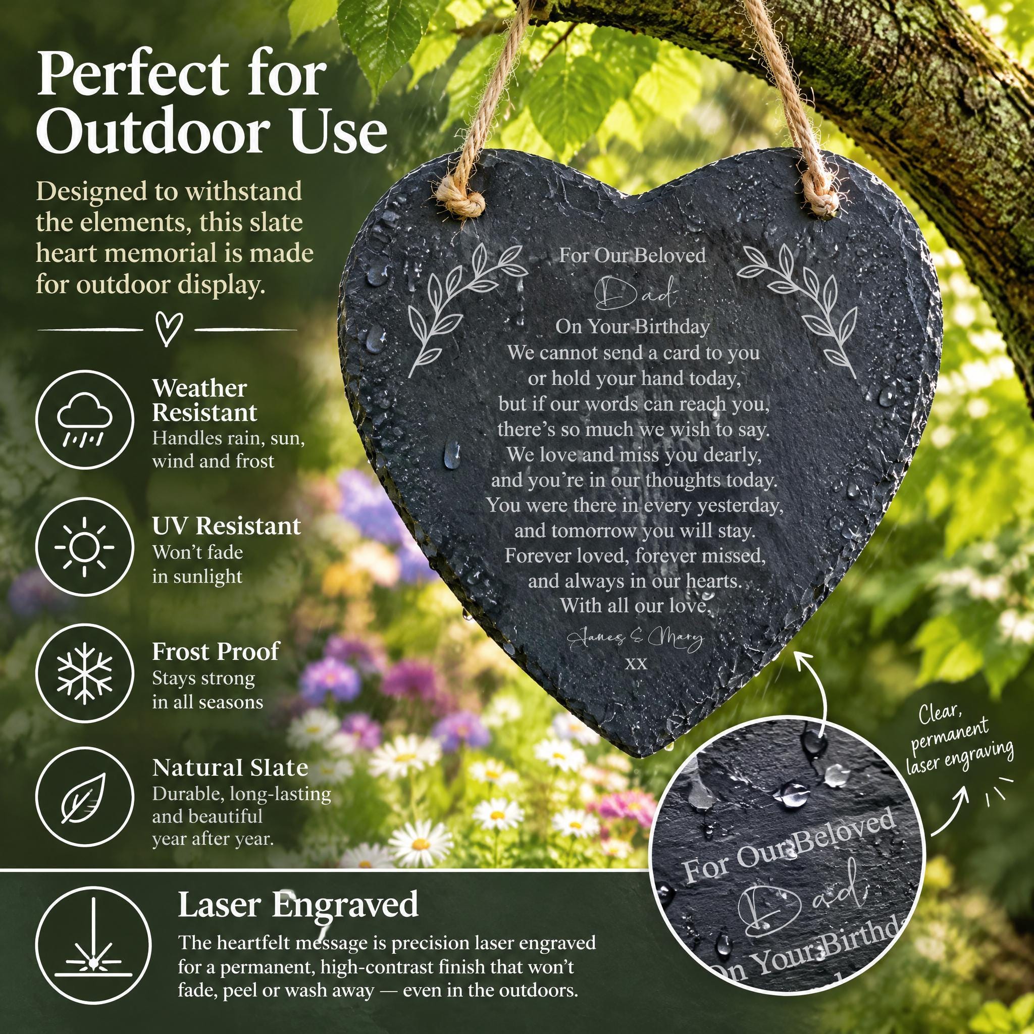 a heart shaped slate hanging from a tree