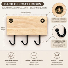 The image is a detailed description of a wooden coat hook, highlighting its features and benefits. It includes measurements, a keyhole fixing mechanism, and a powder-coated iron hook. The image also mentions that the coat hook is built for easy installation and lasting quality, and it is made of solid pine wood with a smooth finish.