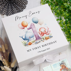 Personalised 1st Birthday Keepsake Memory Box Gift With Sea Mammals