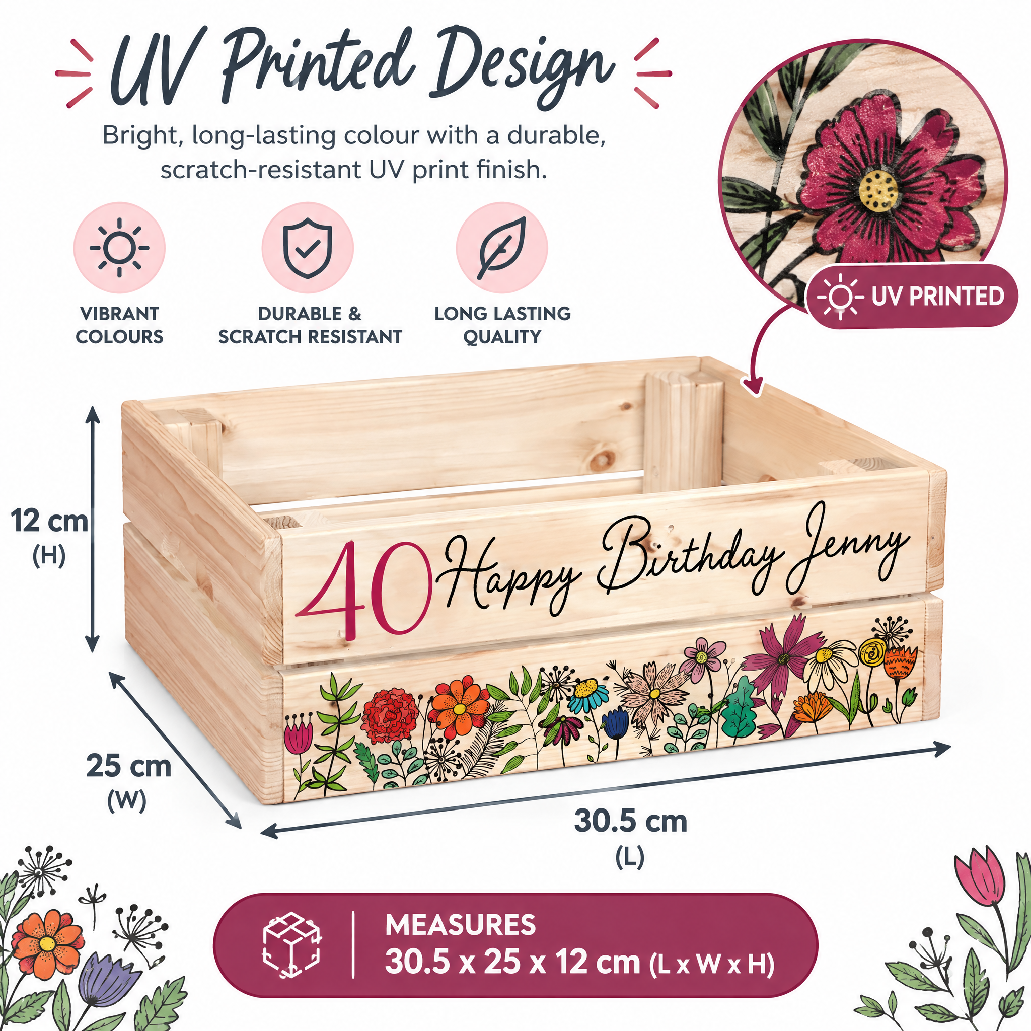 Personalised 40th Birthday Flower Crate Box Gift For Her storage crate ukgiftstoreonline