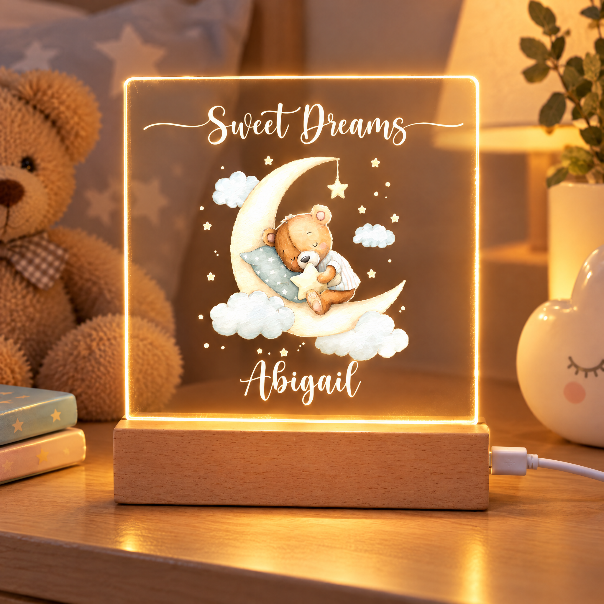 Personalised Baby Gifts Nursery Teddy Night Light - LED Night Light for restful Sleep - Nursery Bedside Table Lamp - Christening Gift for Baby Personalised Heart Gifts ukgiftstoreonline