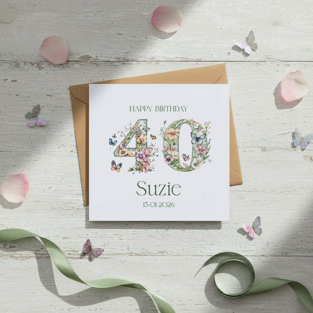 Personalised Luxury Linen 40th Birthday Card, Mum Daughter Auntie Niece Grandma Friend Floral Numbers Personalised Cards ukgiftstoreonline
