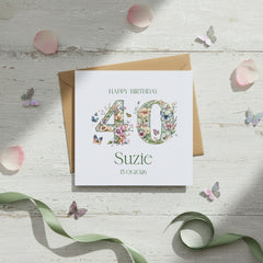 Personalised Luxury Linen 40th Birthday Card, Mum Daughter Auntie Niece Grandma Friend Floral Numbers Personalised Cards ukgiftstoreonline