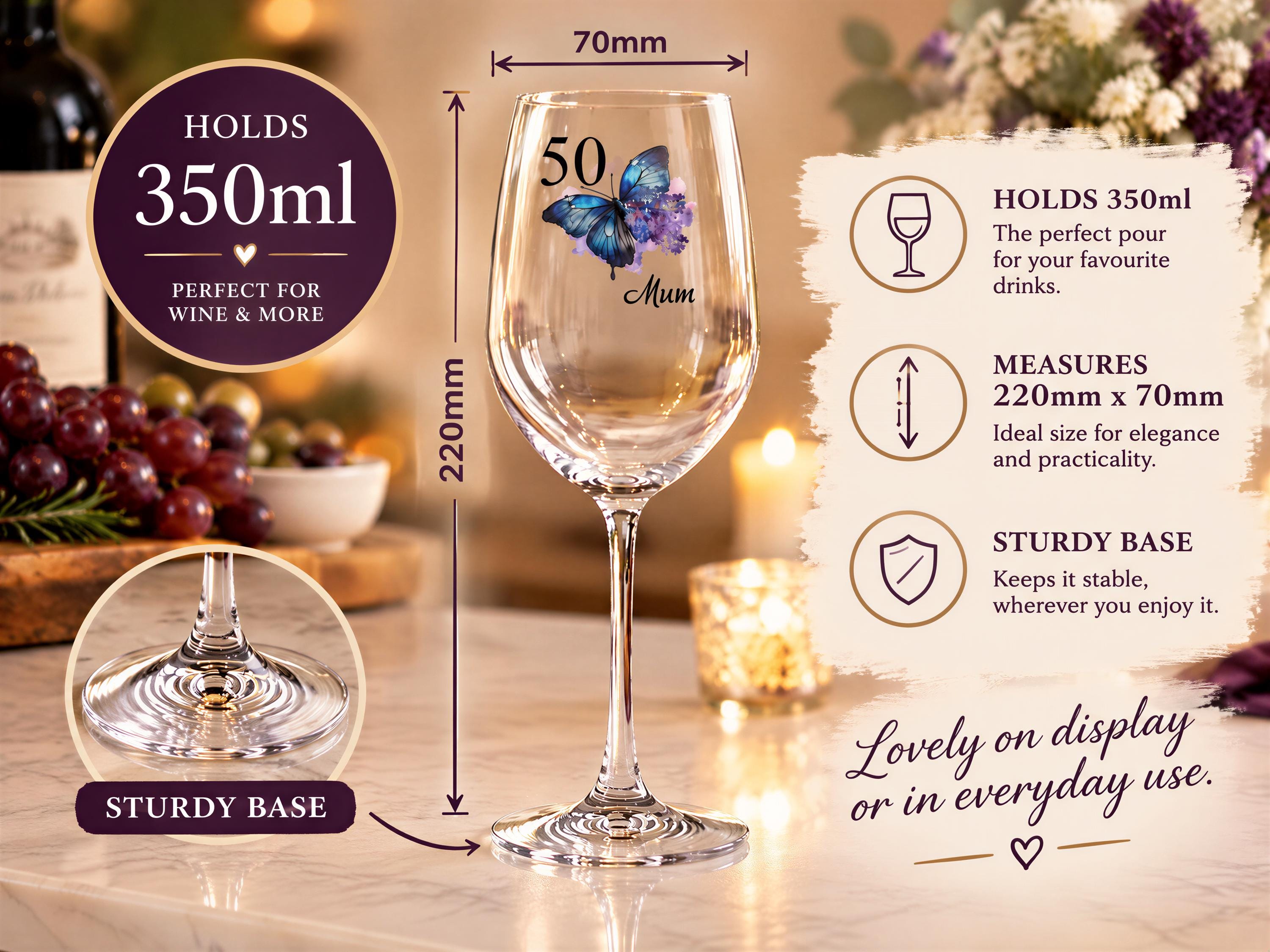 The image is a detailed description of a wine glass, including its size, design, and features. It is a 250ml glass with a sturdy base, suitable for wine and more. The glass has a butterfly design and is suitable for a 50th birthday celebration. The image also includes a photo of the glass on a table with wine bottles and grapes, as well as a description of the glass's features and measurements.