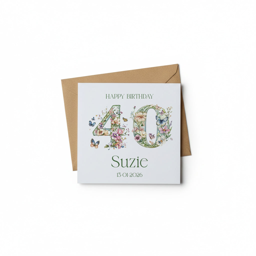 Personalised Luxury Linen 40th Birthday Card, Mum Daughter Auntie Niece Grandma Friend Floral Numbers Personalised Cards ukgiftstoreonline