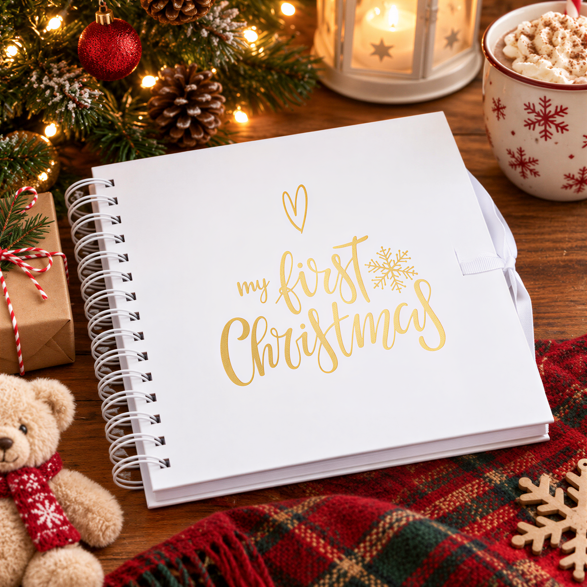 My First Christmas White Scrapbook Photo Album Keepsake Gold Print personalised photo album ukgiftstoreonline