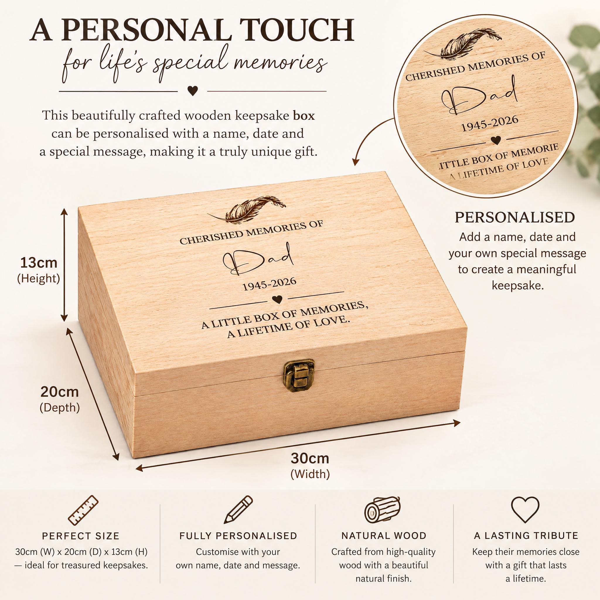 The image is a detailed description of a personalized wooden keepsake box, including dimensions, a personalised message, and a list of features.