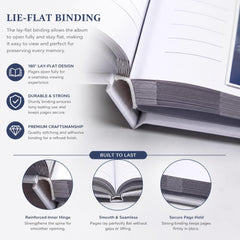 The image is a close-up of a book or binder with a lay-flat binding, showcasing its features such as the 180-lay-flat design, durable and strong binding, and premium craftsmanship.
