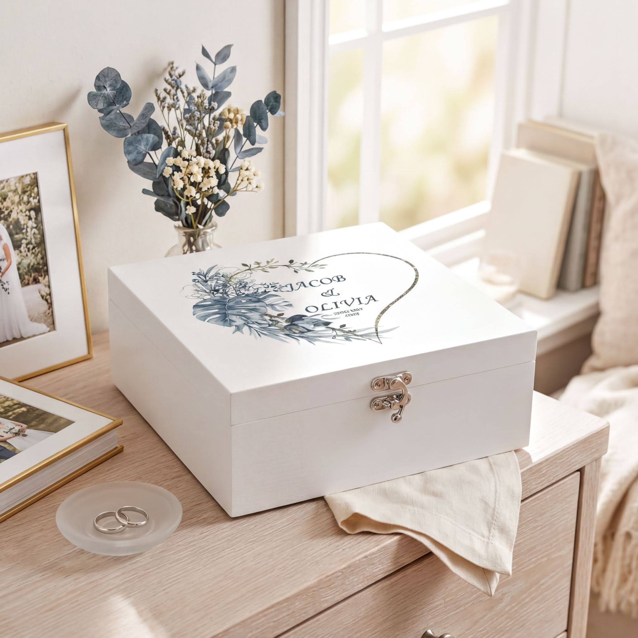 A white wooden box with a floral design sits on a wooden dresser, accompanied by a vase of flowers, a framed photo, and a book.