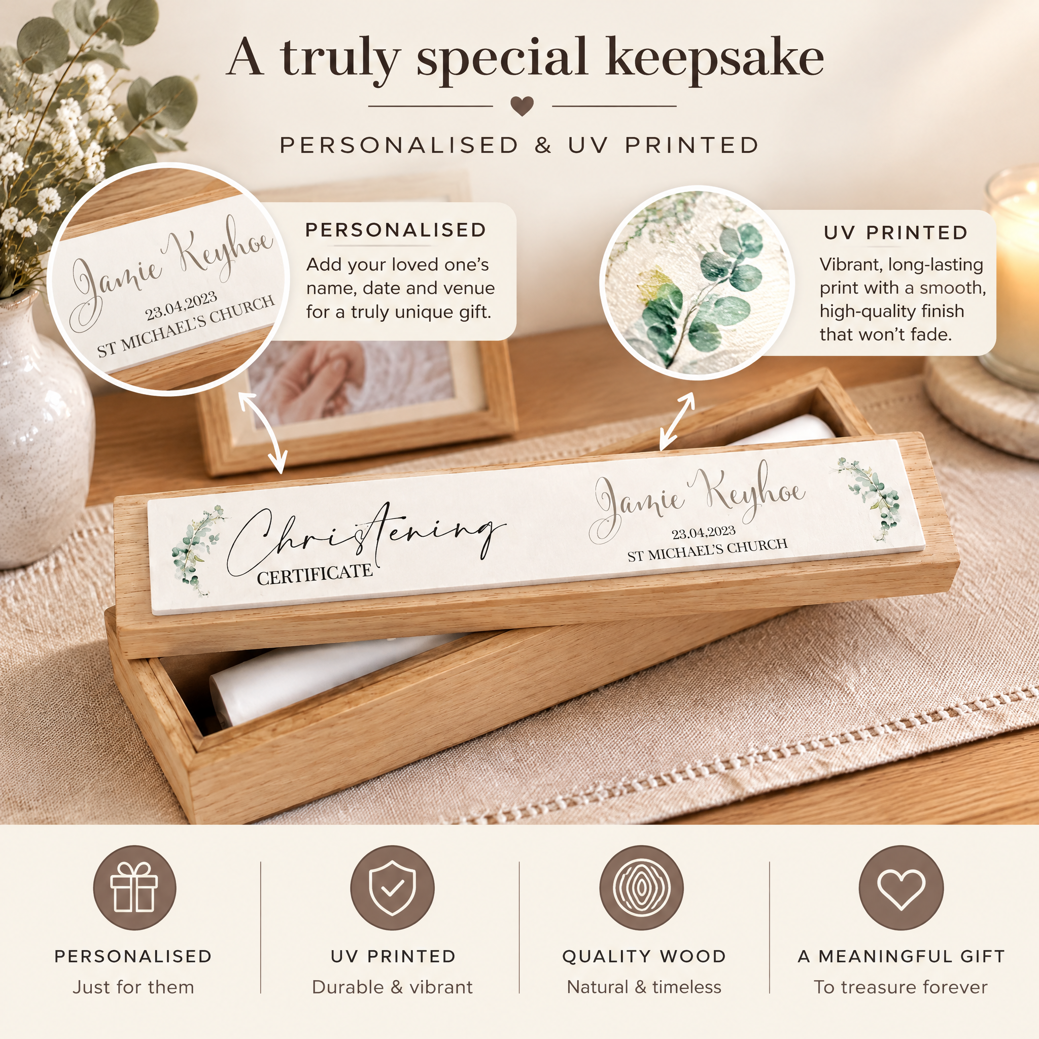 Personalised Christening Day Vintage Style Wooden Certificate Holder Birth certificate holder ukgiftstoreonline