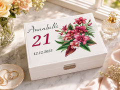 Personalised Beautiful 21st Birthday Jewellery Box Orchid Flower Design Special Birthday Gift Personalised Jewellery Box ukgiftstoreonline