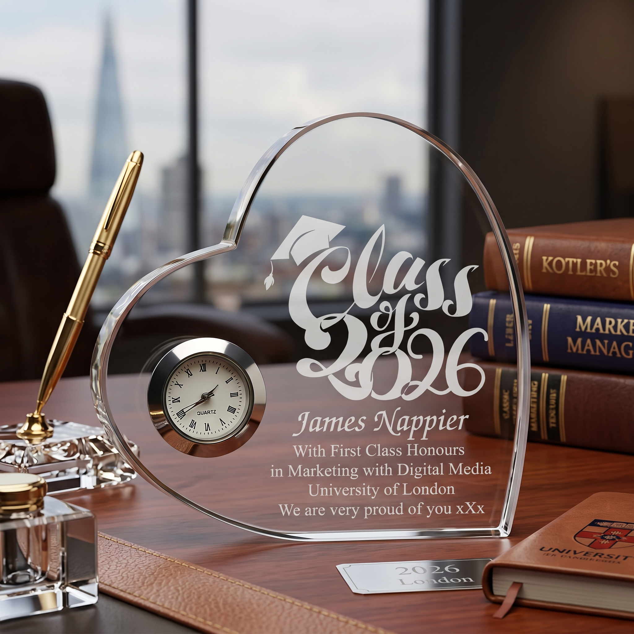 Engraved Personalised Graduation Gift Crystal Glass Clock With Year Personalised Clocks ukgiftstoreonline