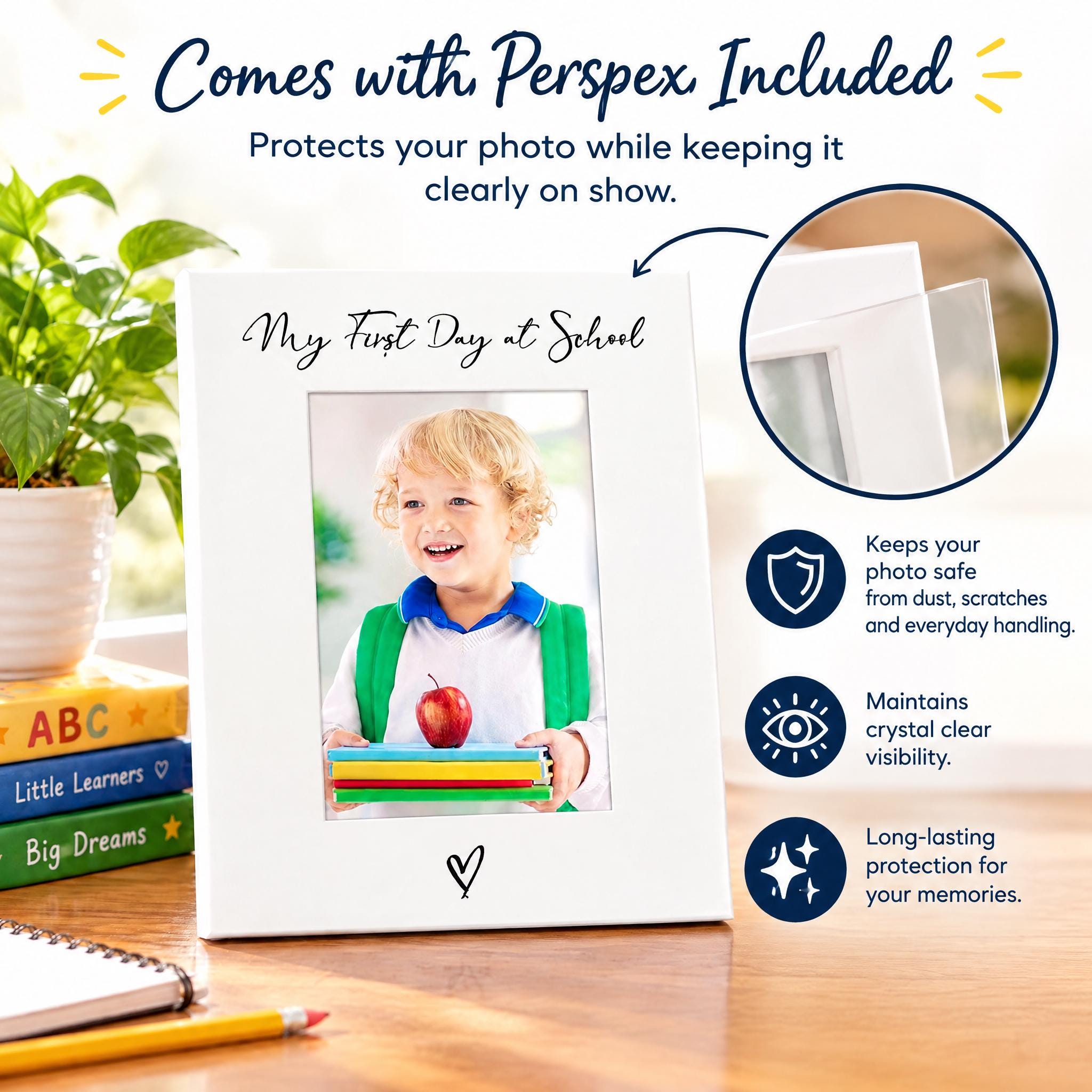 a white picture frame with a photo of a smiling child holding a stack of books, accompanied by text highlighting the features of the frame.