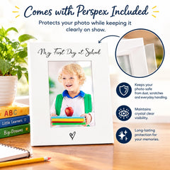 a white picture frame with a photo of a smiling child holding a stack of books, accompanied by text highlighting the features of the frame.