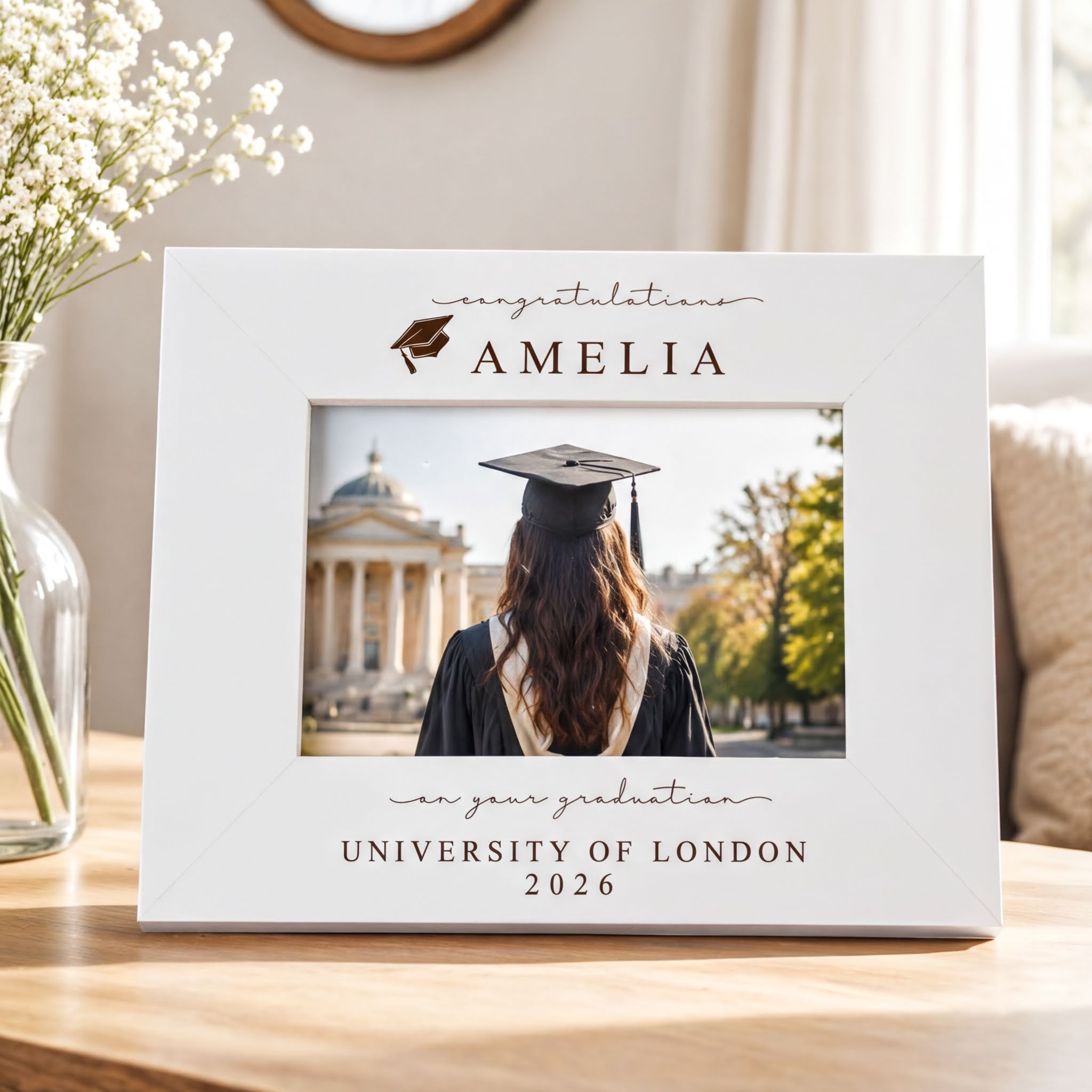Personalised White Wooden Engraved Graduation Photo Frame Gift For University Graduate ukgiftstoreonline