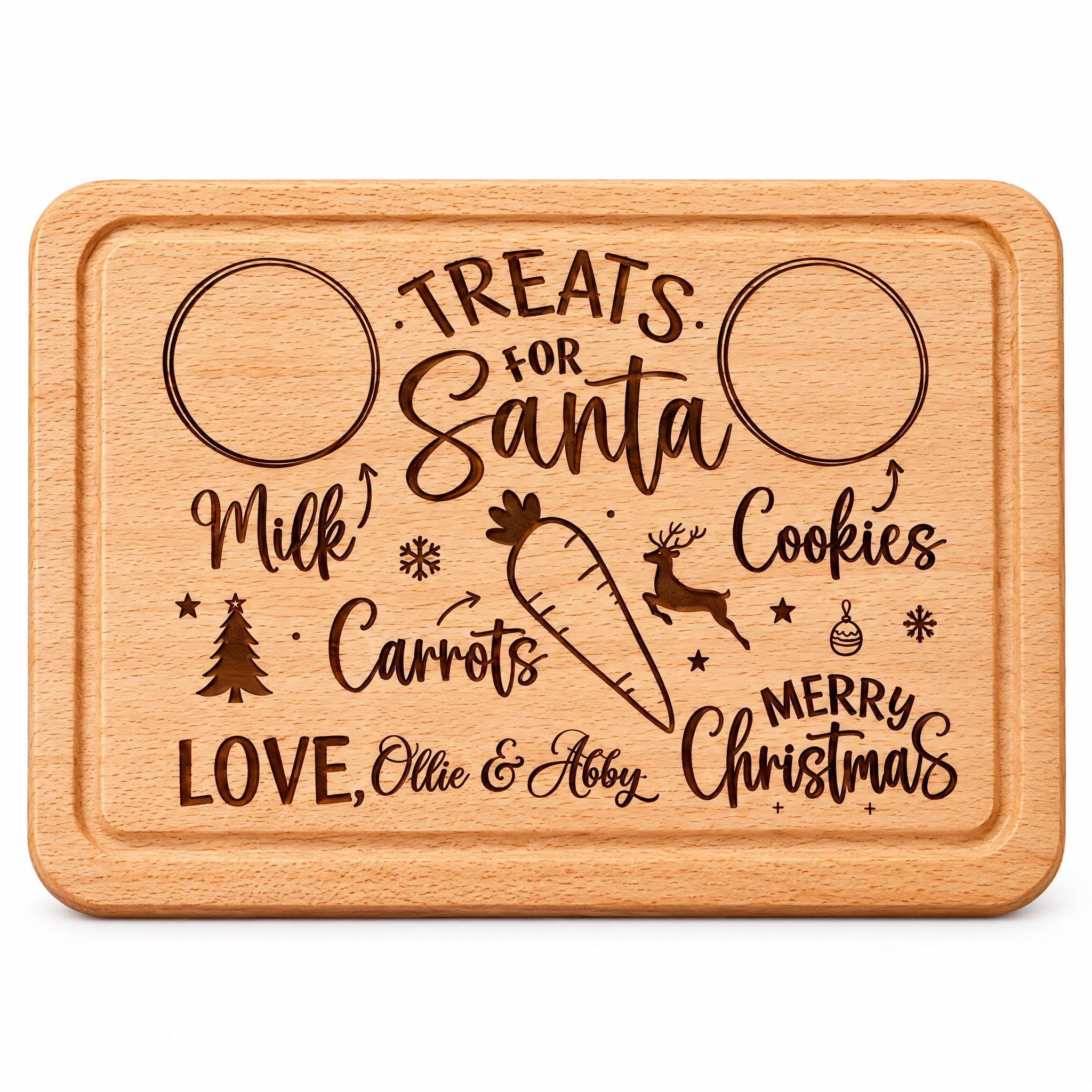 The image is a wooden cutting board with a personalized message engraved on it. The message reads "TREATS for Santa" and includes various Christmas-themed items such as a snowflake, a carrot, a reindeer, and a Christmas tree. The cutting board is made of wood and has a natural finish.