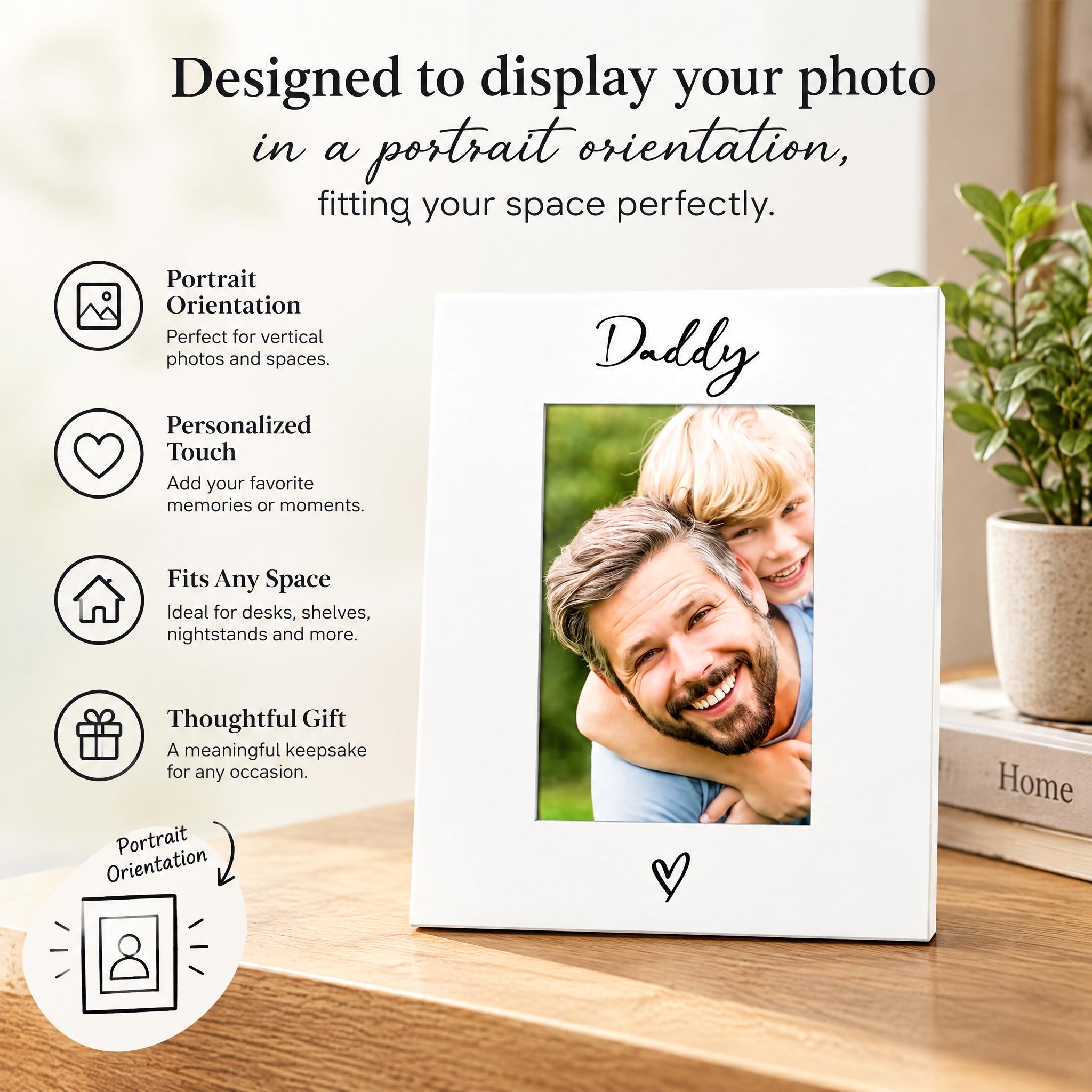 a white picture frame with a photo of a man and a child inside, placed on a wooden surface. The frame is designed to display a photo in a portrait orientation, fitting the space perfectly. The frame has a thoughtful gift and a thoughtful gift tag, indicating that it is a meaningful keepsake for any occasion. The image also includes text that describes the features of the frame, such as its portrait orientation, the ability to personalize it, and its versatility in fitting various spaces.