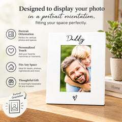 a white picture frame with a photo of a man and a child inside, placed on a wooden surface. The frame is designed to display a photo in a portrait orientation, fitting the space perfectly. The frame has a thoughtful gift and a thoughtful gift tag, indicating that it is a meaningful keepsake for any occasion. The image also includes text that describes the features of the frame, such as its portrait orientation, the ability to personalize it, and its versatility in fitting various spaces.