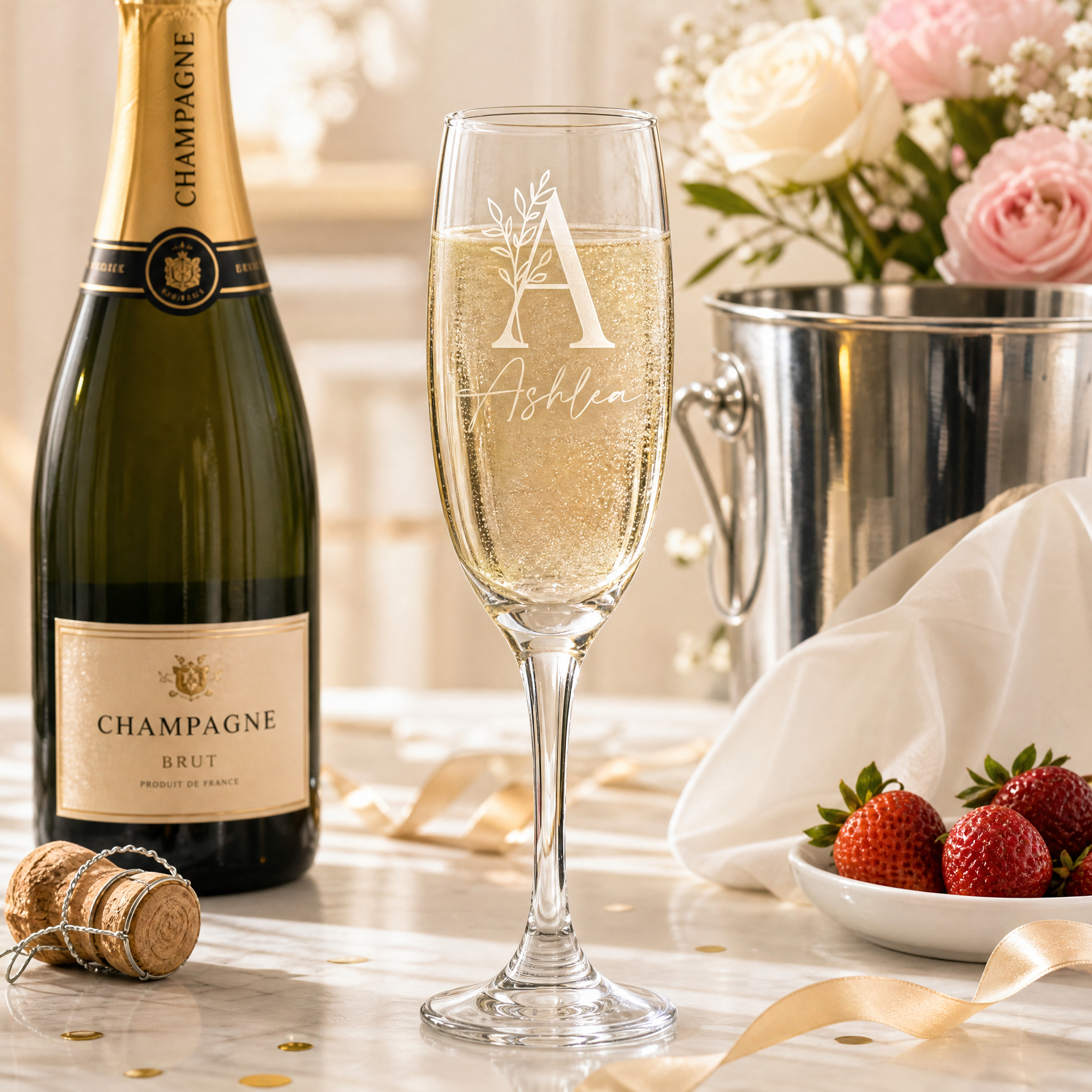 Personalised Floral Alphabet and Name Champagne Flute Prosecco Glass Gift Personalised Champagne Glasses ukgiftstoreonline