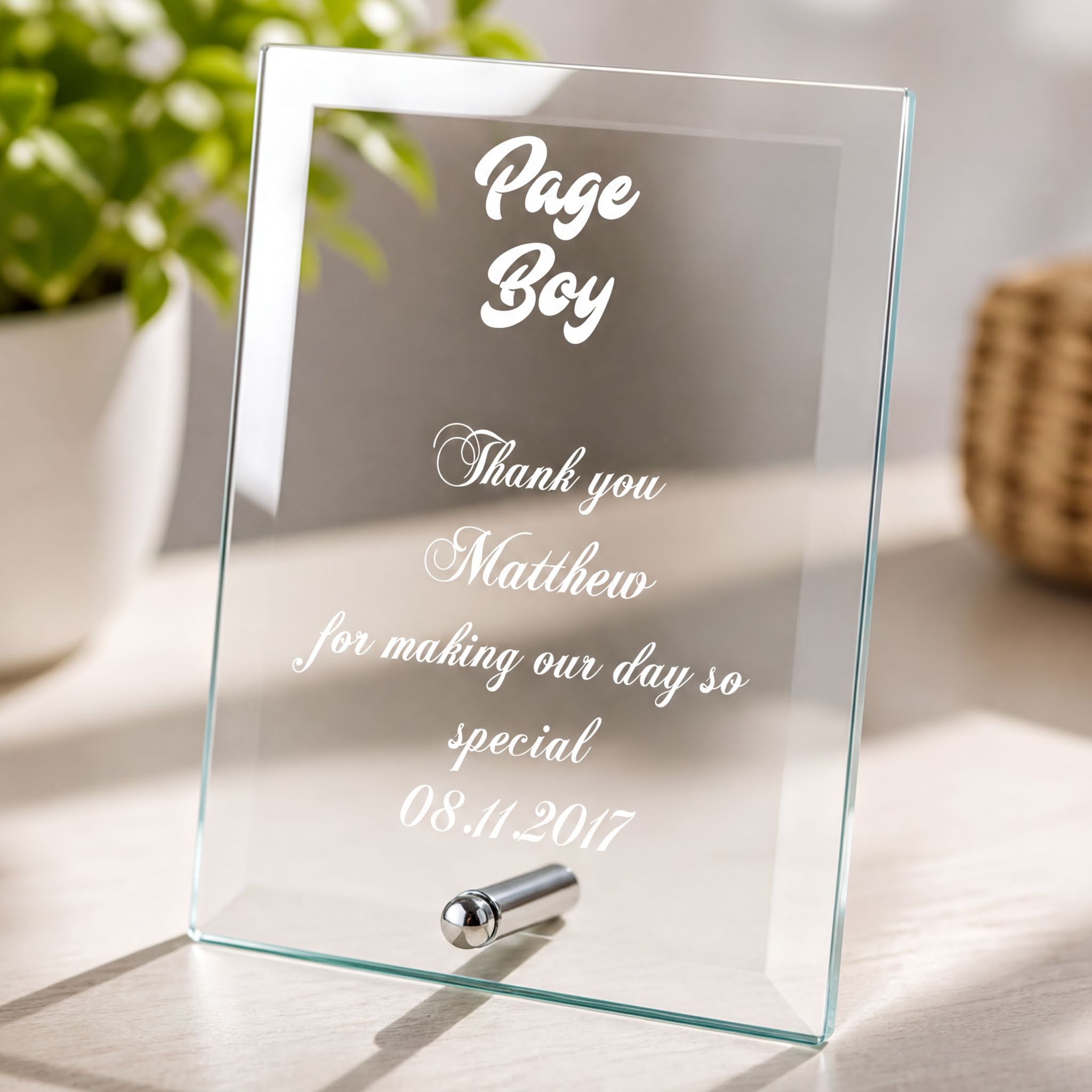 Engraved Glass Plaque - Personalised Page Boy Gift | Wedding Keepsake Personalised Crystal Glass ukgiftstoreonline