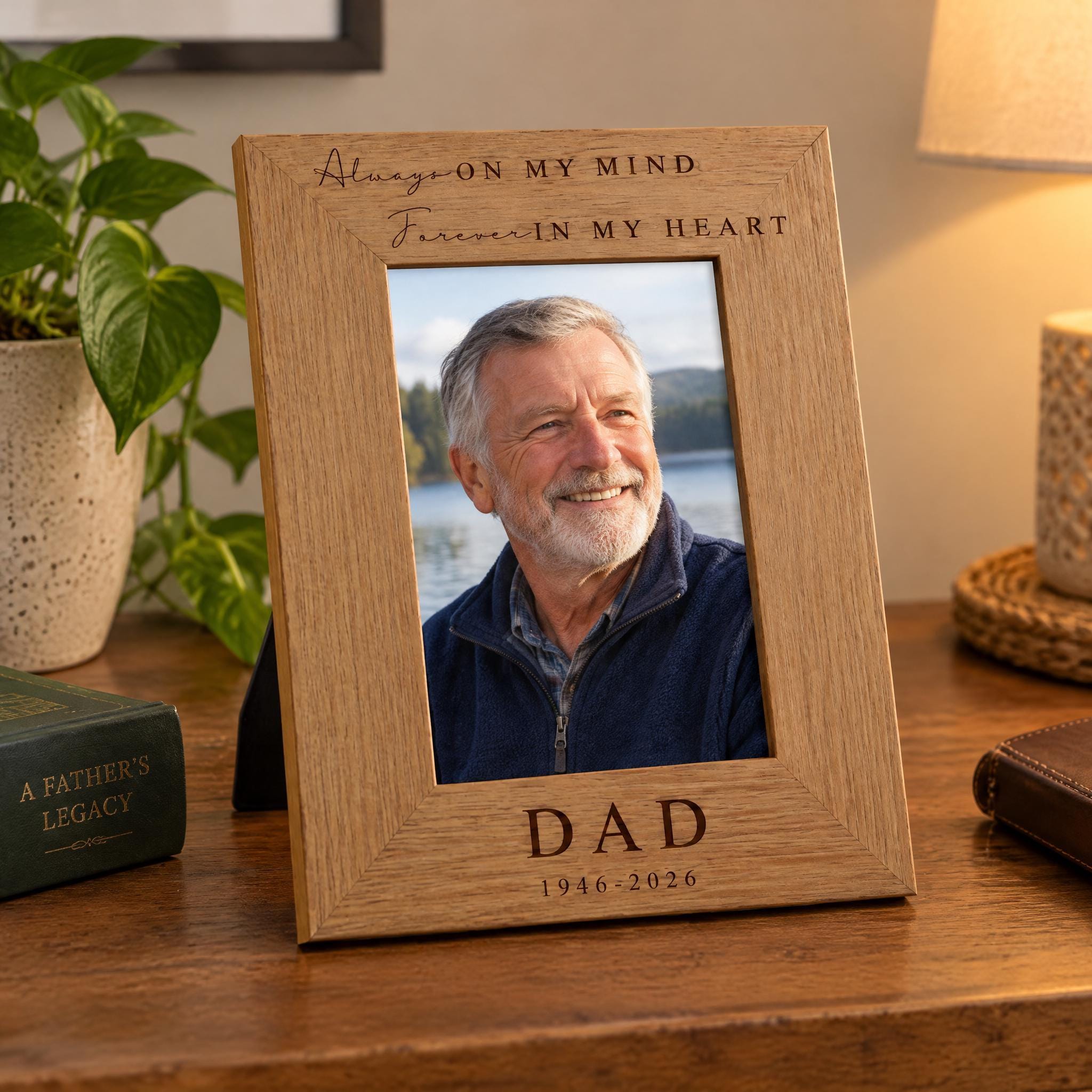 A wooden picture frame with a photo of an older man smiling, placed on a wooden surface next to a book and a plant.