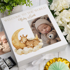Personalised White Baby Memory Box, Cute Sleeping Animal Design, Keepsake For Special and Favourite Mementos