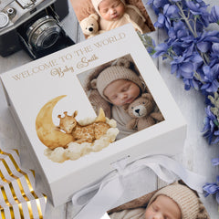 Personalised White Baby Memory Box, Cute Sleeping Animal Design, Keepsake For Special and Favourite Mementos