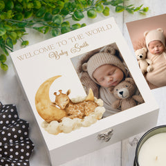 Personalised White Baby Memory Box, Cute Sleeping Animal Design, Keepsake For Special and Favourite Mementos