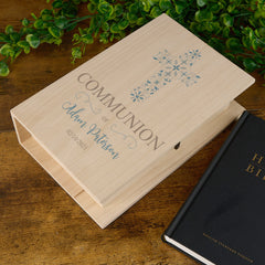 Personalised Communion Wooden Keepsake Memory Book Blue Cross
