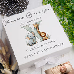 Personalised White Baby Memory Box, With Animal Alphabet Design, Special Baby Keepsake For Photos, Favourite Things and Mementos