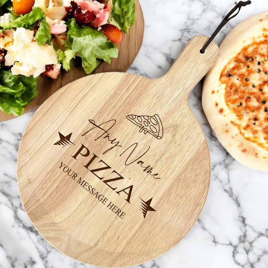 Large Personalised Custom Pizza Board Names Serving Tray Handle Paddle Round Wooden ukgiftstoreonline