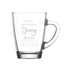 Personalised Gift For Retirement Engraved Glass Coffee Cup, Tea Cup