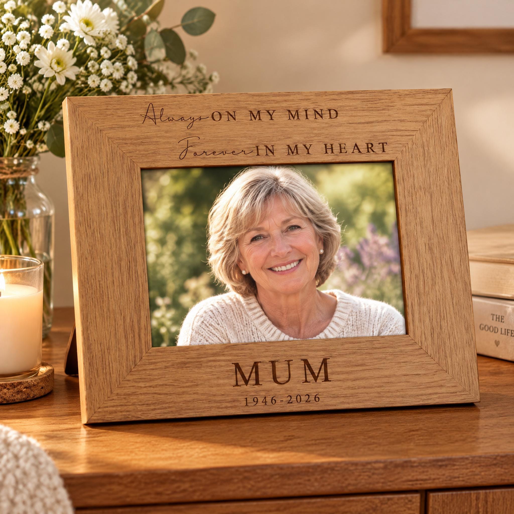 A wooden picture frame with a photograph of a smiling woman inside, placed on a wooden surface. The frame has a message engraved on it that reads "Always on my mind Forever in my heart".
