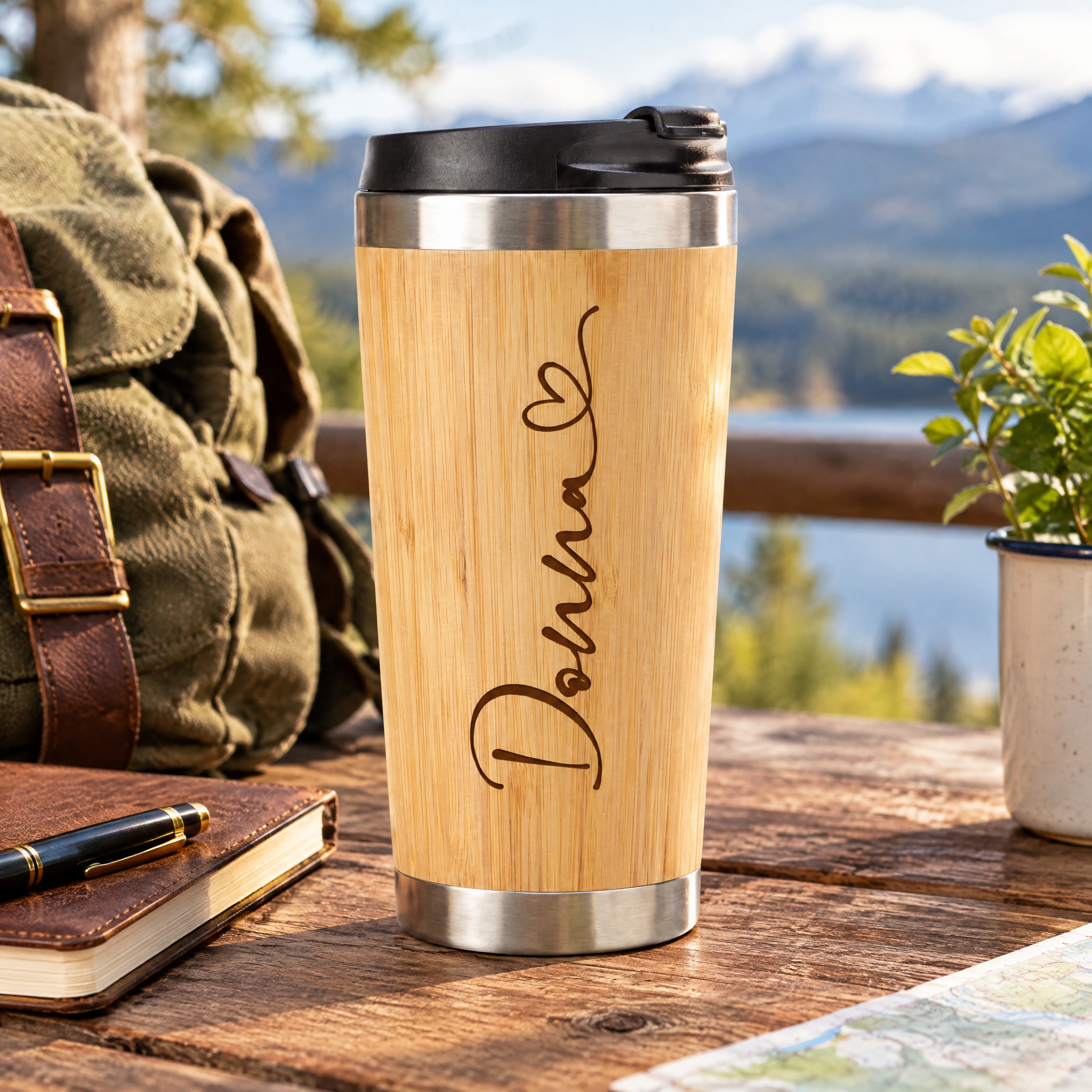 Personalised Bamboo Travel Mug, Insulated 420Ml, Heart Name Gift Personalised Mugs ukgiftstoreonline