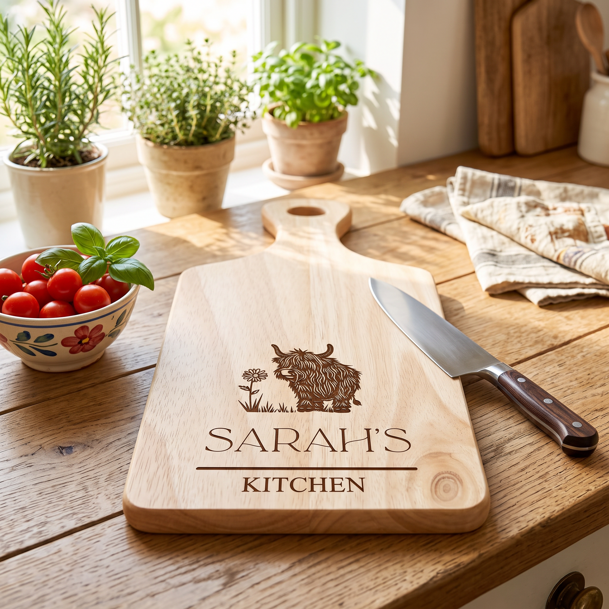 Engraved Wooden Serving Board, Personalised Cheese Board, Highland Cow chopping Board ukgiftstoreonline