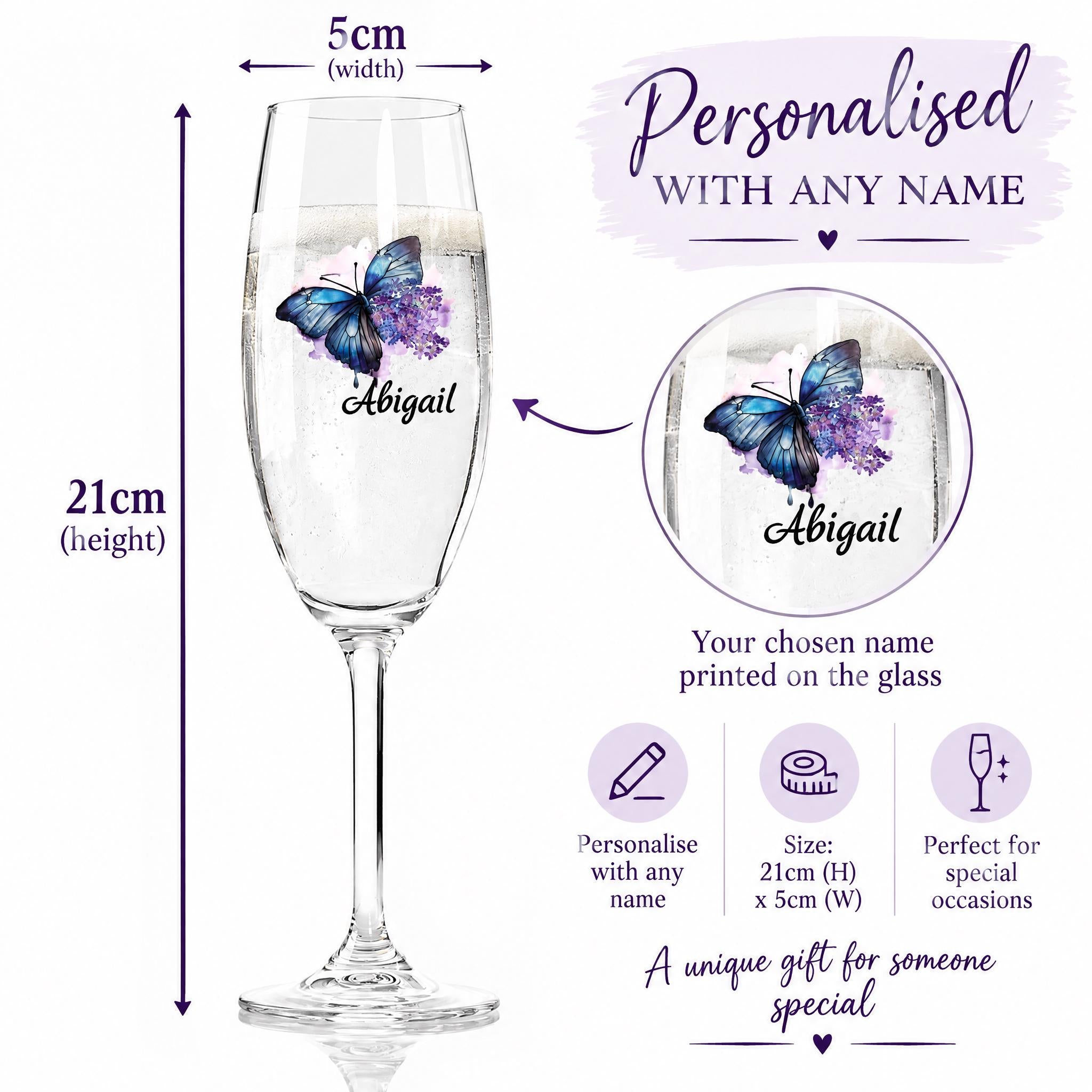 The image is a detailed illustration of a personalized glass with a butterfly design, along with measurements and a description of the features.