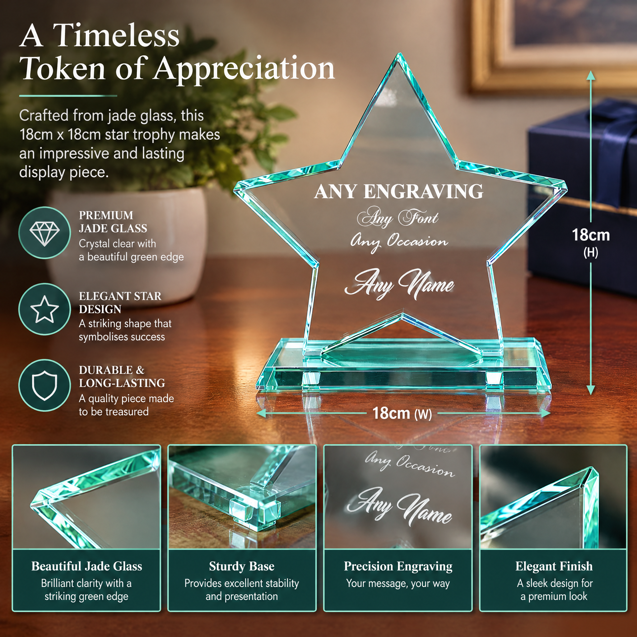 Personalised Glass Star Trophy | Large Jade, 18Cm X 18Cm, Any Engraving Personalised Gifts ukgiftstoreonline